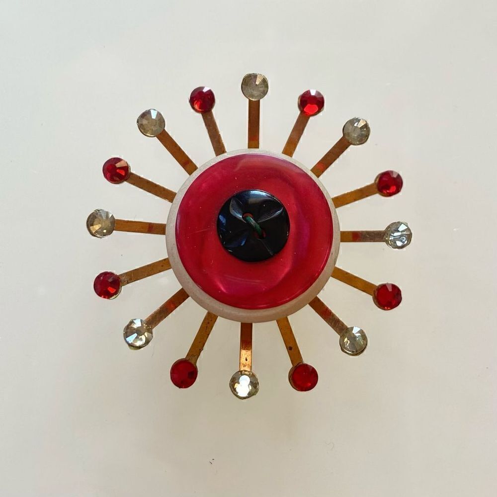 Upcycled Atomic Starburst Refrigerator Magnet Buttons Rhinestones Red